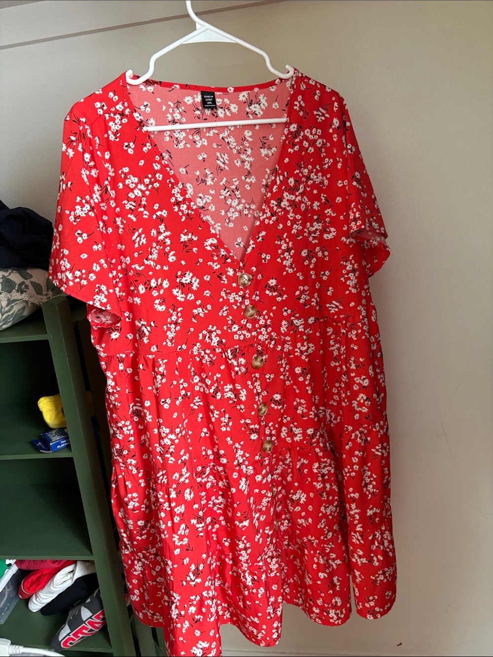 SHEIN Red Floral Tiered Button-Front Mini Dress